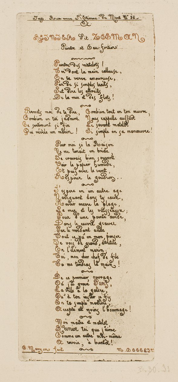 Dedicatory Verses to Reinier Nooms, Called Zeeman by Charles Meryon