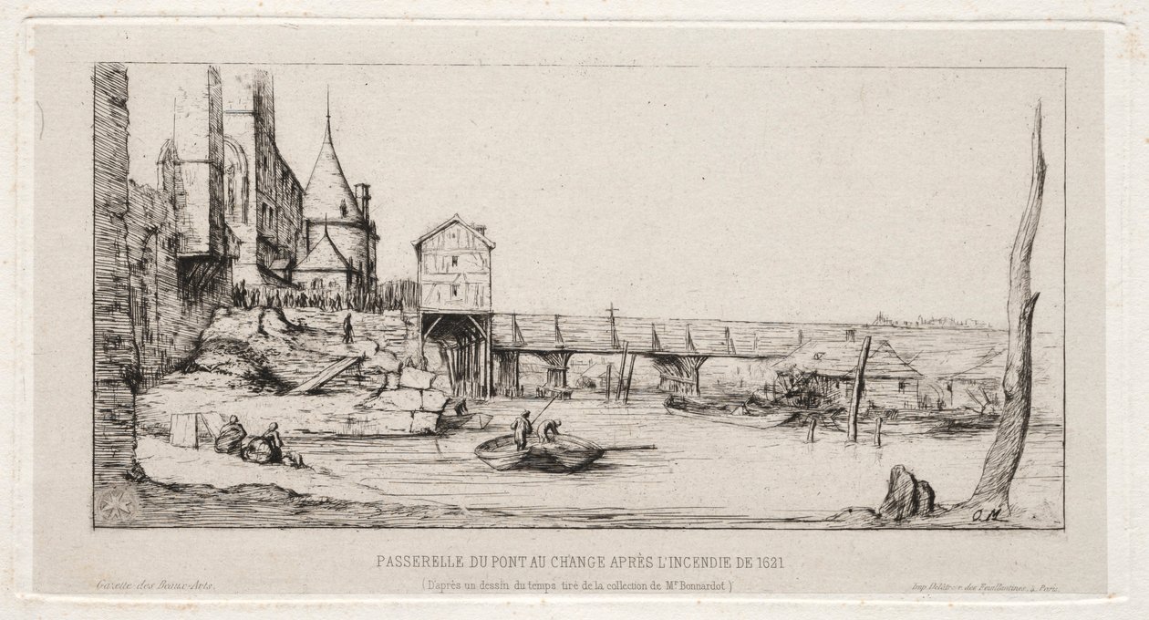 Footbridge Temporarily Replacing the Exchange Bridge, Paris, after the Fire of 1621, 1860 by Charles Meryon