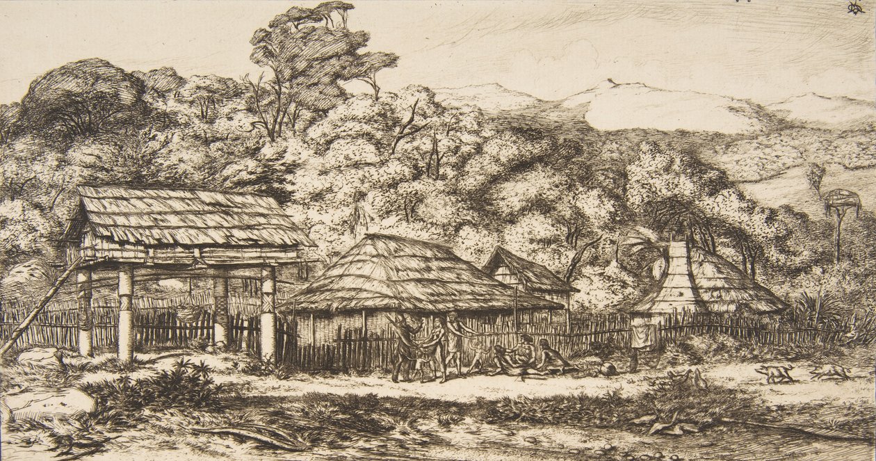 Native Barns and Huts at Akaroa, Banks Peninsula by Charles Meryon
