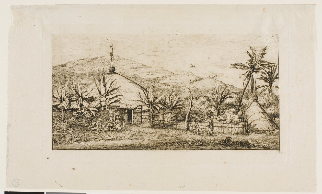 New Caledonia: Large Native Hut on the Road from Balade to Puépo, 1845 by Charles Meryon