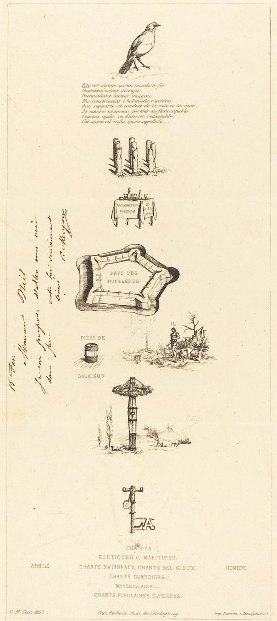 Rebus: "Beranger was not really strong, for he never had the key of the fields" by Charles Meryon