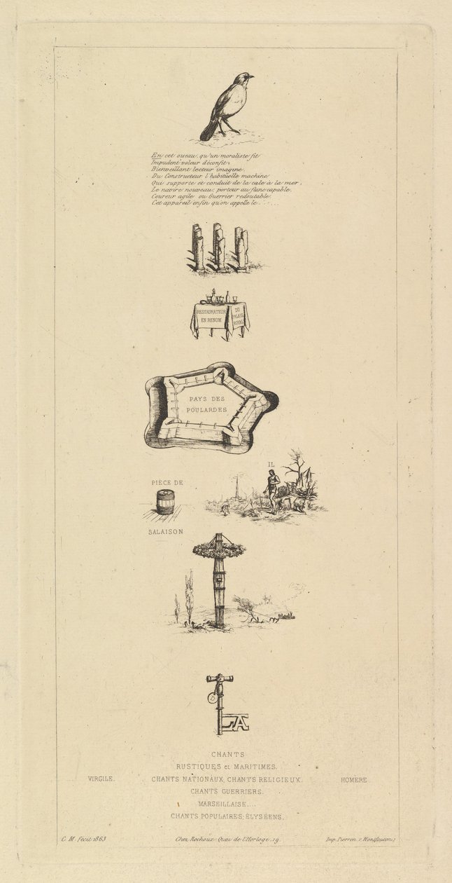 Rebus: Béranger was not really strong, for he never had the key to the fields by Charles Meryon