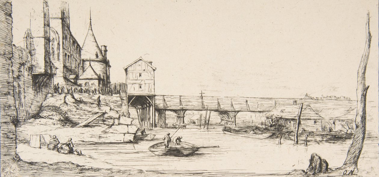 The footbridge temporarily replacing the Pont-au-Change, Paris, after the fire of 1621 by Charles Meryon
