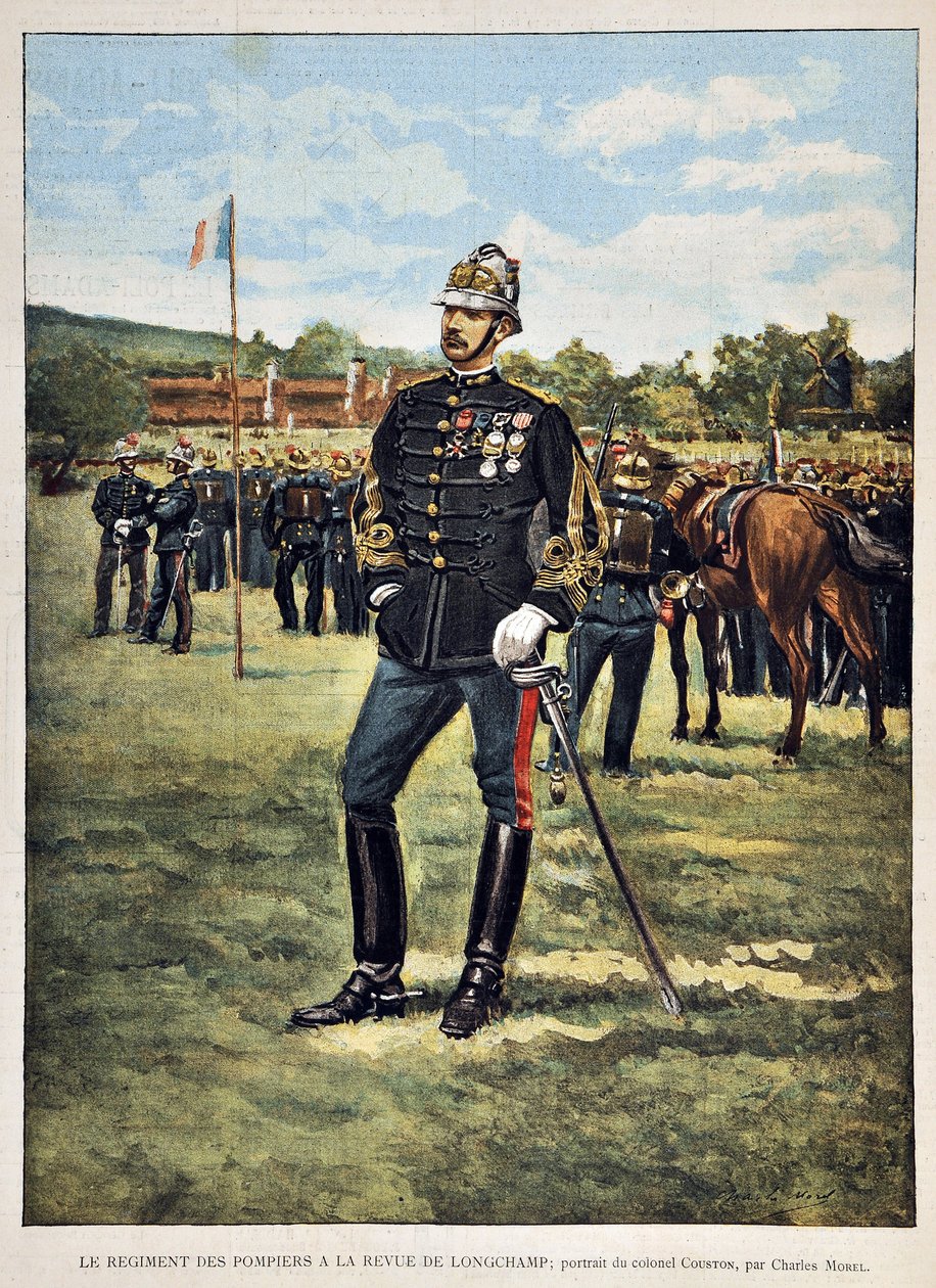 The Fire Regiment has the Longchamps magazine (Portrait of Colonel Couston), illustration by Charles Morel (1861-1908). Engraving from 1887 in 