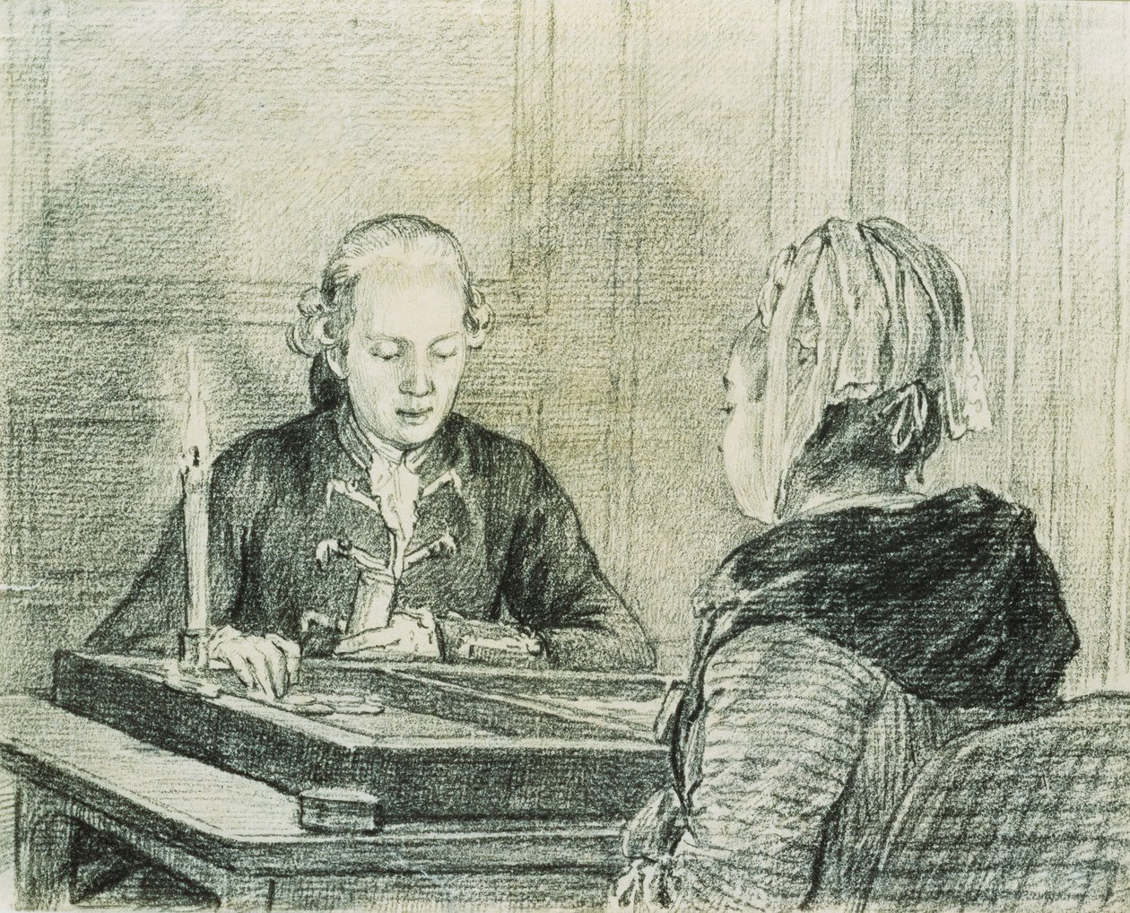 A Seated Couple, the Lady seen from Behind, playing Backgammon by Candlelight by Charles Nicolas II Cochin