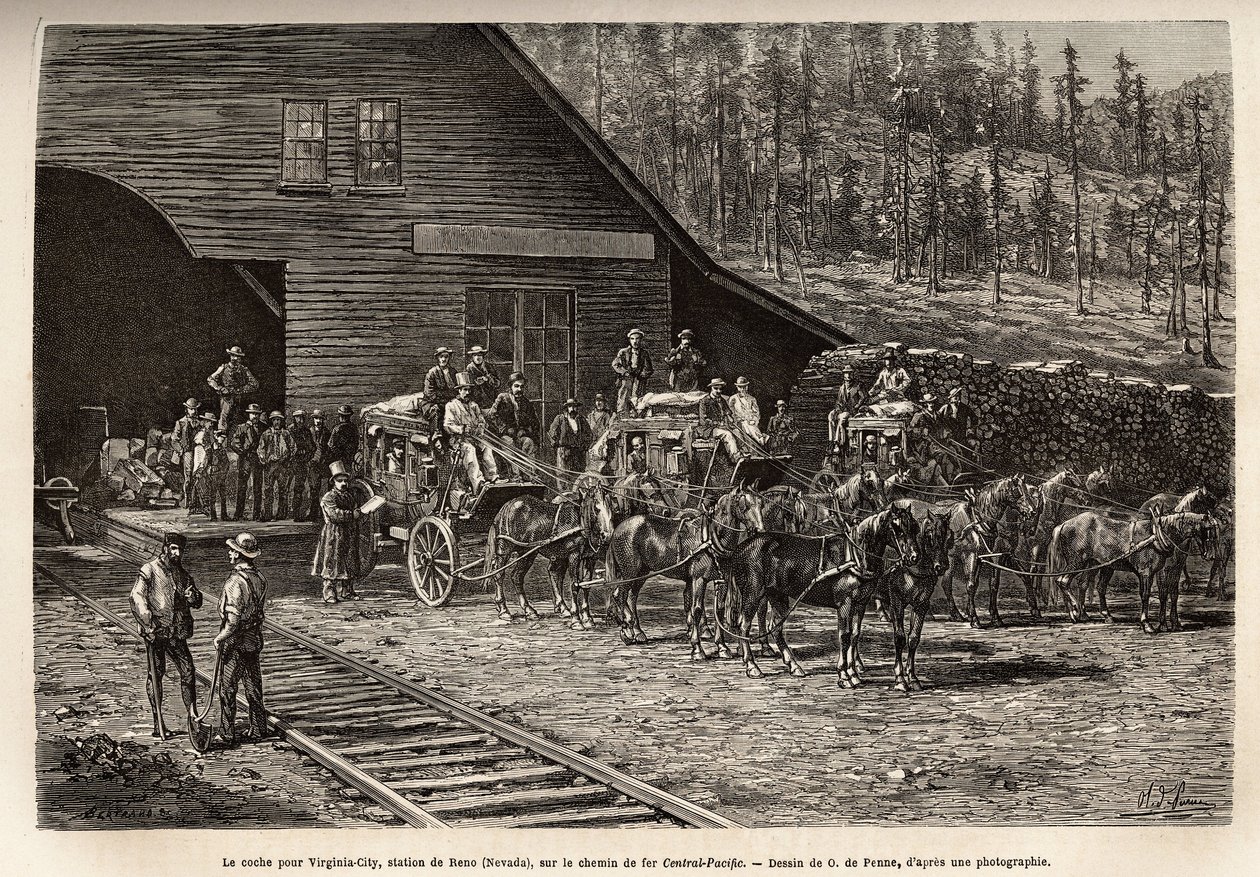 The Reno station, to take the ticket for Virginia City (Nevada), on the Central Pacific Railway (Central Pacific), engraved after the drawing of O. de Penne, illustrating the voyage from Washington to San Francisco, in 1868, by L. Simonin, published in “Le by Charles Oliver de Penne