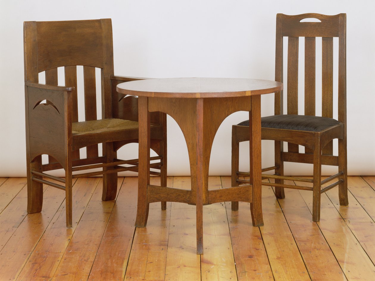 An armchair, made for the Luncheon Room, and dining chair, 1897, from Miss Cranstons Argyle Street Tea Rooms, Glasgow, and an occasional table made for the Billiards Room at Miss Cranstons Buchanan St by Charles Rennie Mackintosh