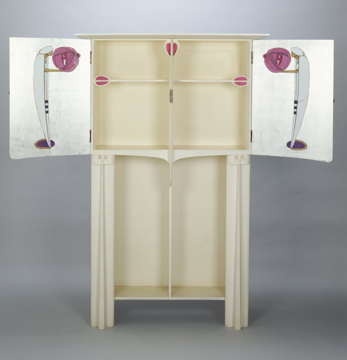 Cabinets, made for 14 Kingsborough Gardens, Glasgow, 1902; two figures on the side doors in Arabian cloak and turban holding lanterns by Charles Rennie Mackintosh