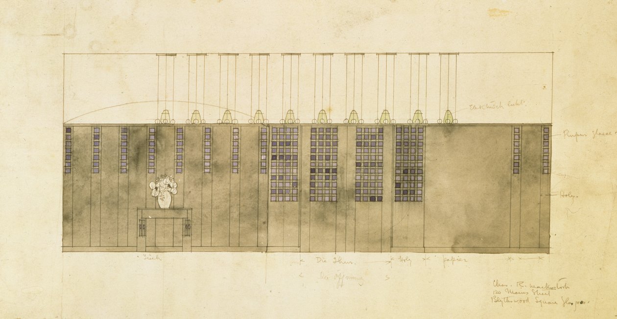Design for a wall, table and doors by Charles Rennie Mackintosh