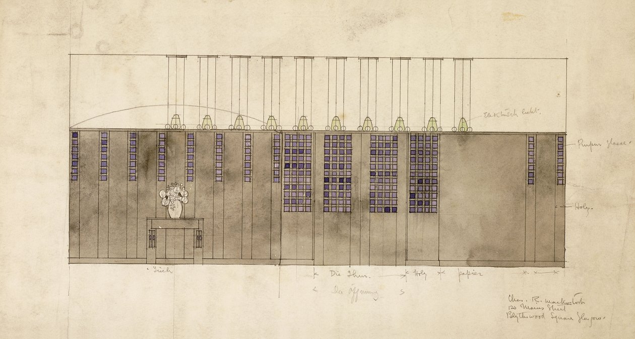 Design for a wall, table and doors, for A.S. Ball, Berlin, 1905 by Charles Rennie Mackintosh