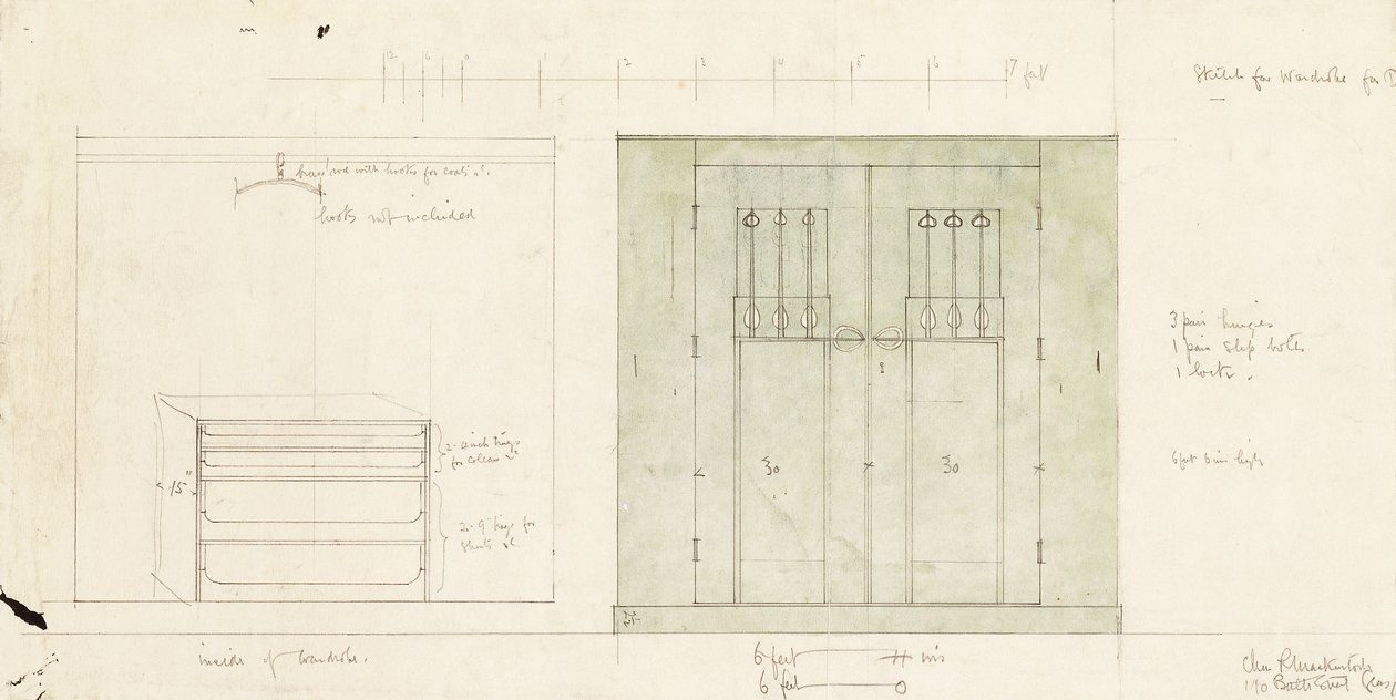 Design for a wardrobe, shown in elevation of the front and interior by Charles Rennie Mackintosh