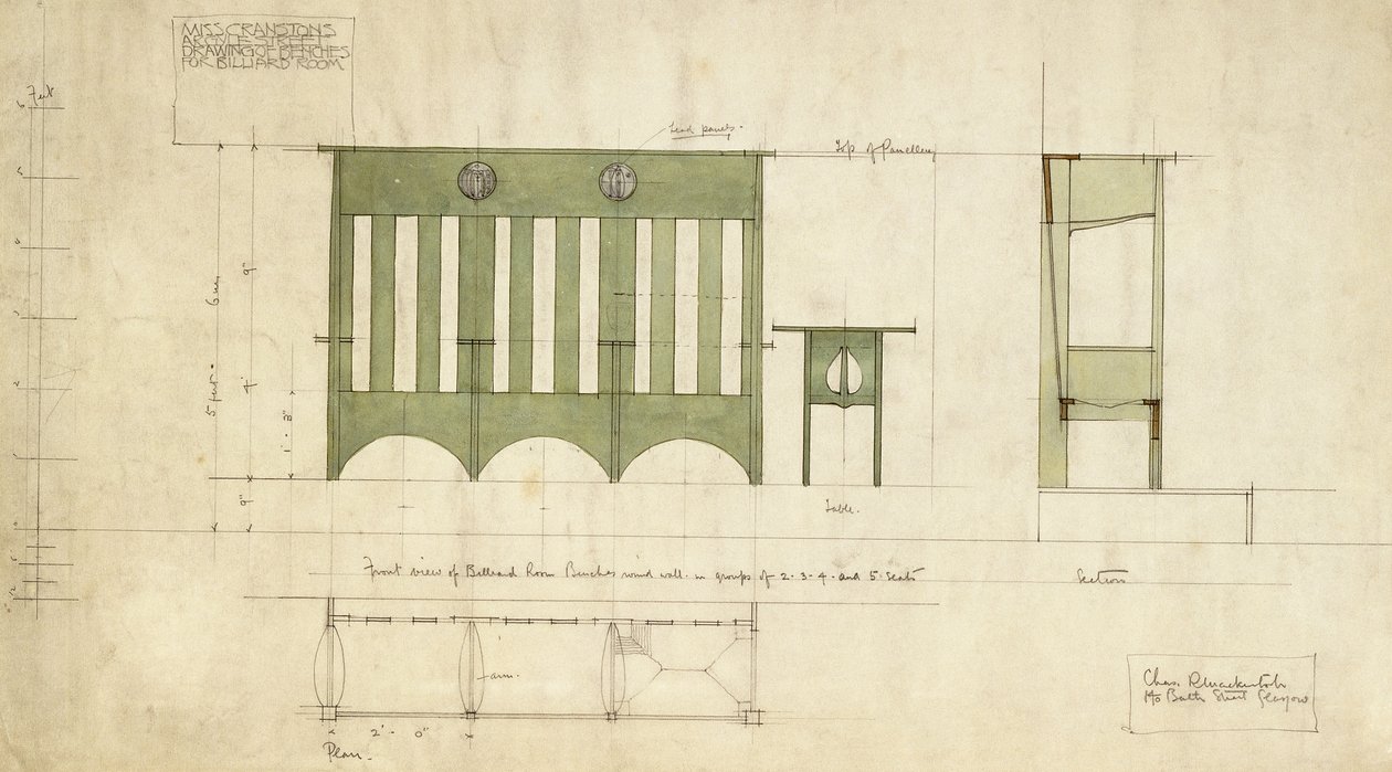 Design for benches and a table, shown in elevation and section plan by Charles Rennie Mackintosh