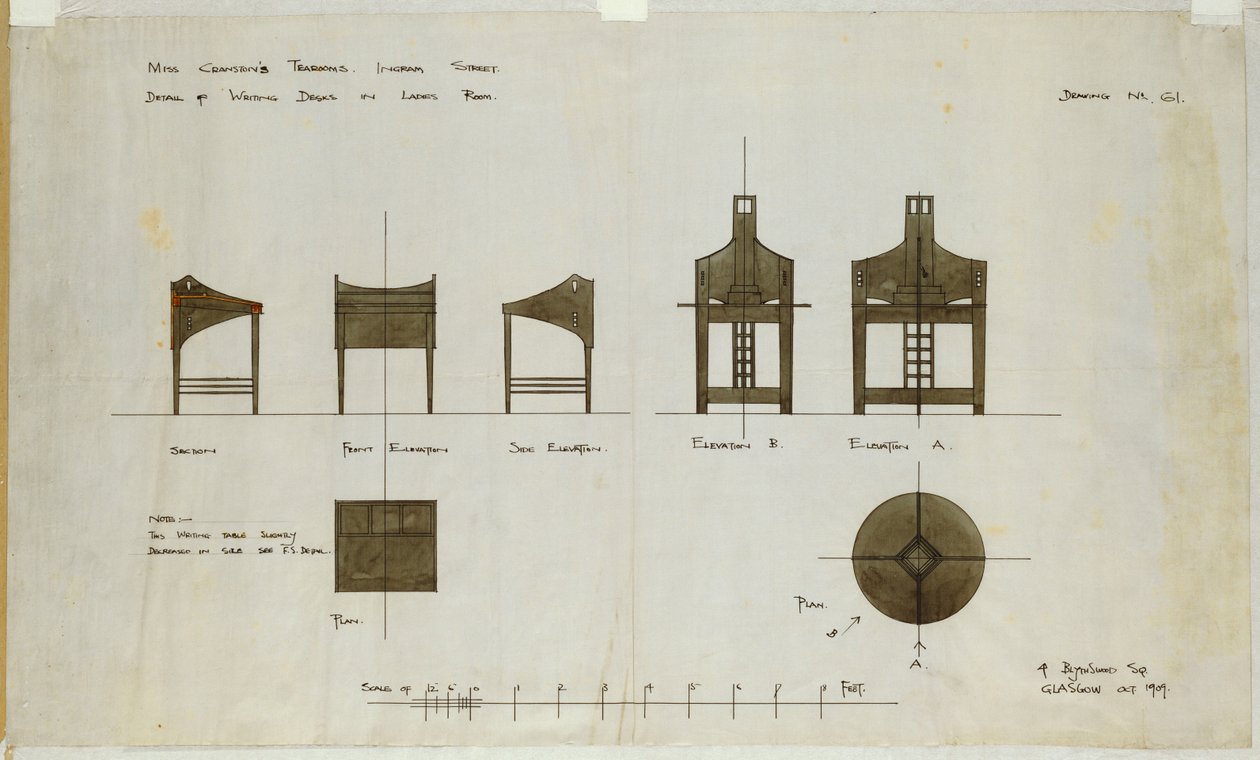 Designs for Writing Desks Shown in Front and Side Elevations, for the Ingram Street Tea Rooms by Charles Rennie Mackintosh