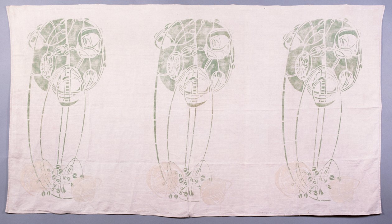 Panel of three stylised rose motifs in green and cream, for one back of a corner settle in the Drawing Room at 14 Kingsborough Gardens, c.1900 by Charles Rennie Mackintosh