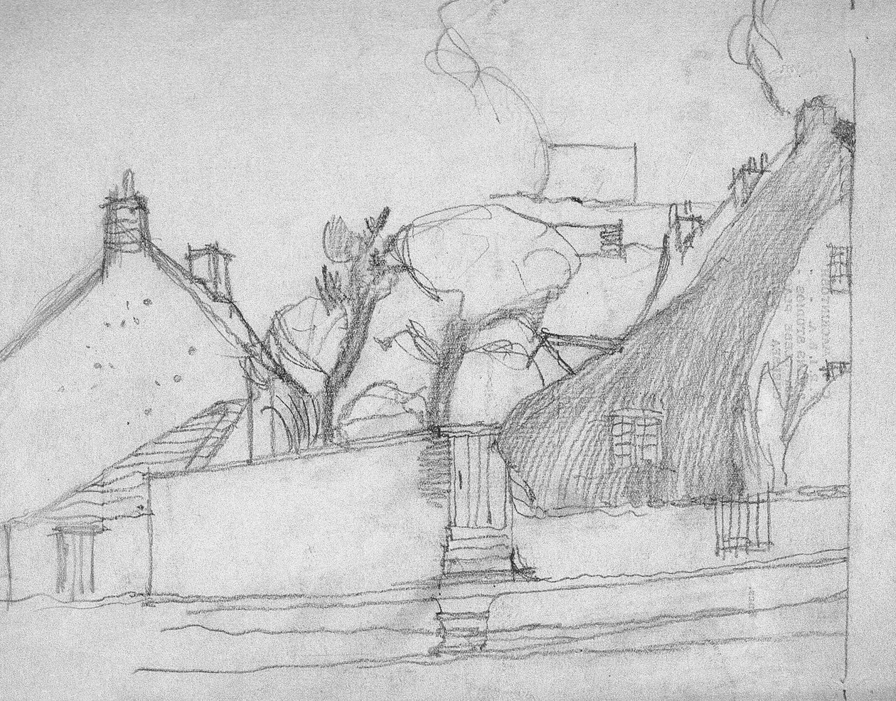 Sketch of English Village with Thatched Roof in Foreground, c.1920 by Charles Rennie Mackintosh