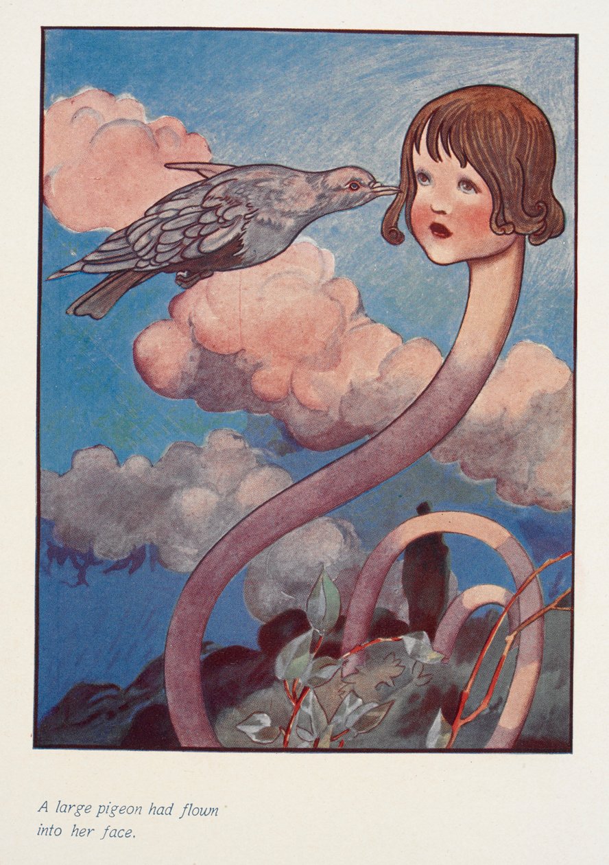 A large pigeon had flown into her face. Alice with a long neck by Charles Robinson