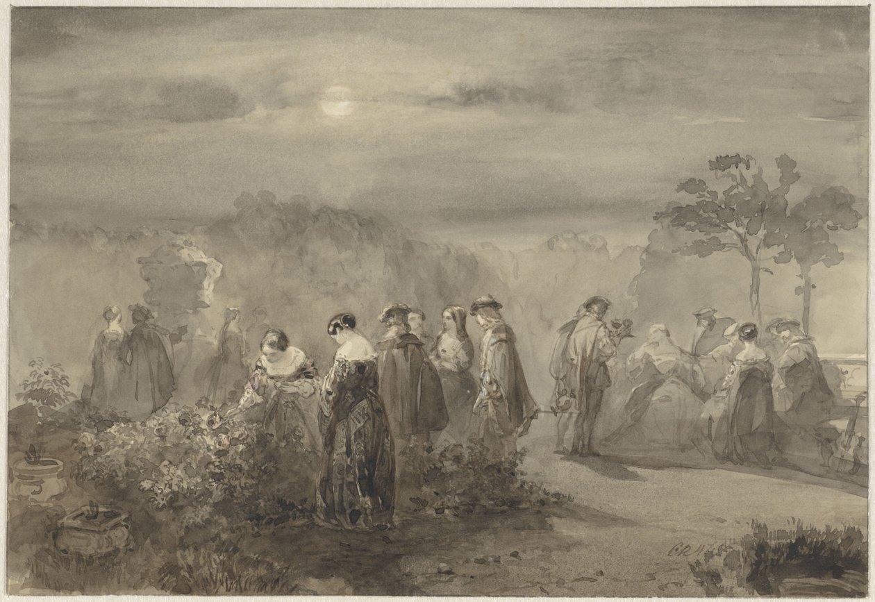 Company of Ladies and Gentlemen in a Moonlit Garden with Rose Bushes by Charles Rochussen