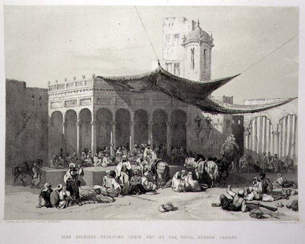 Panjab: Sikh Soldiers Receiving their Pay at the Royal Durbar, Lahore, plate 12 from 