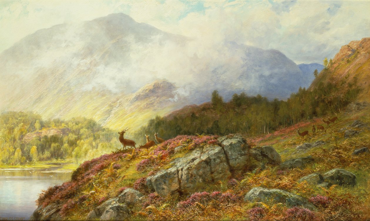 Deer in a Highland Landscape by Charles Stuart