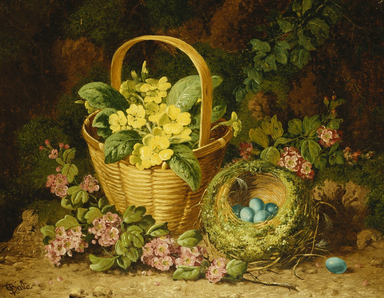 Primroses in a Basket, Japonica and a Bird