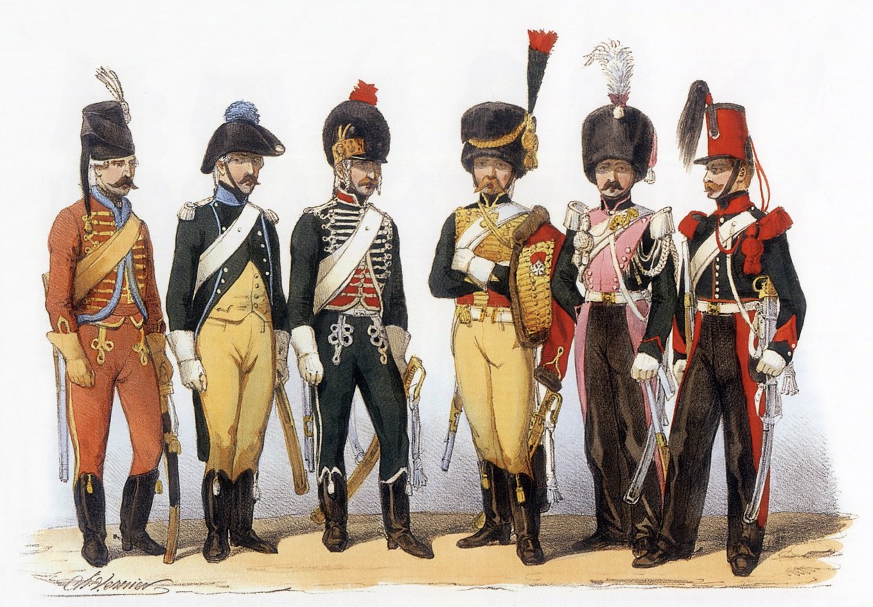 Costumes of the French army: Lancers g-d: 1745 file hunter (under Louis XV); 1785 under Louis XVI; 1794 republic; 1810 imperiale guard (1st empire); 1824 royal guard (restoration); 1840 by Charles Vernier