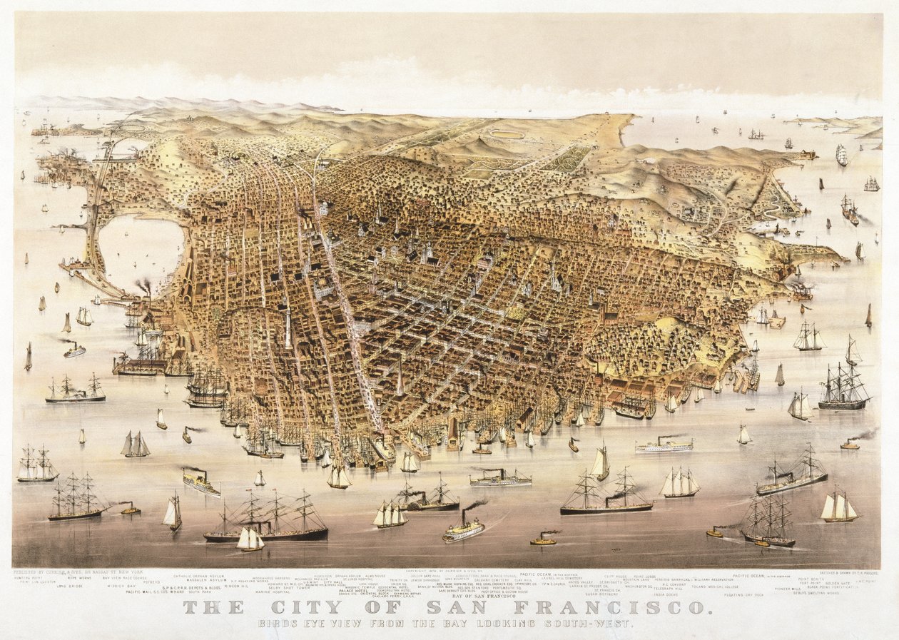 The City of San Francisco, birds-eye view from the Bay looking south-west, published by Currier & Ives by Charles Richard Parsons
