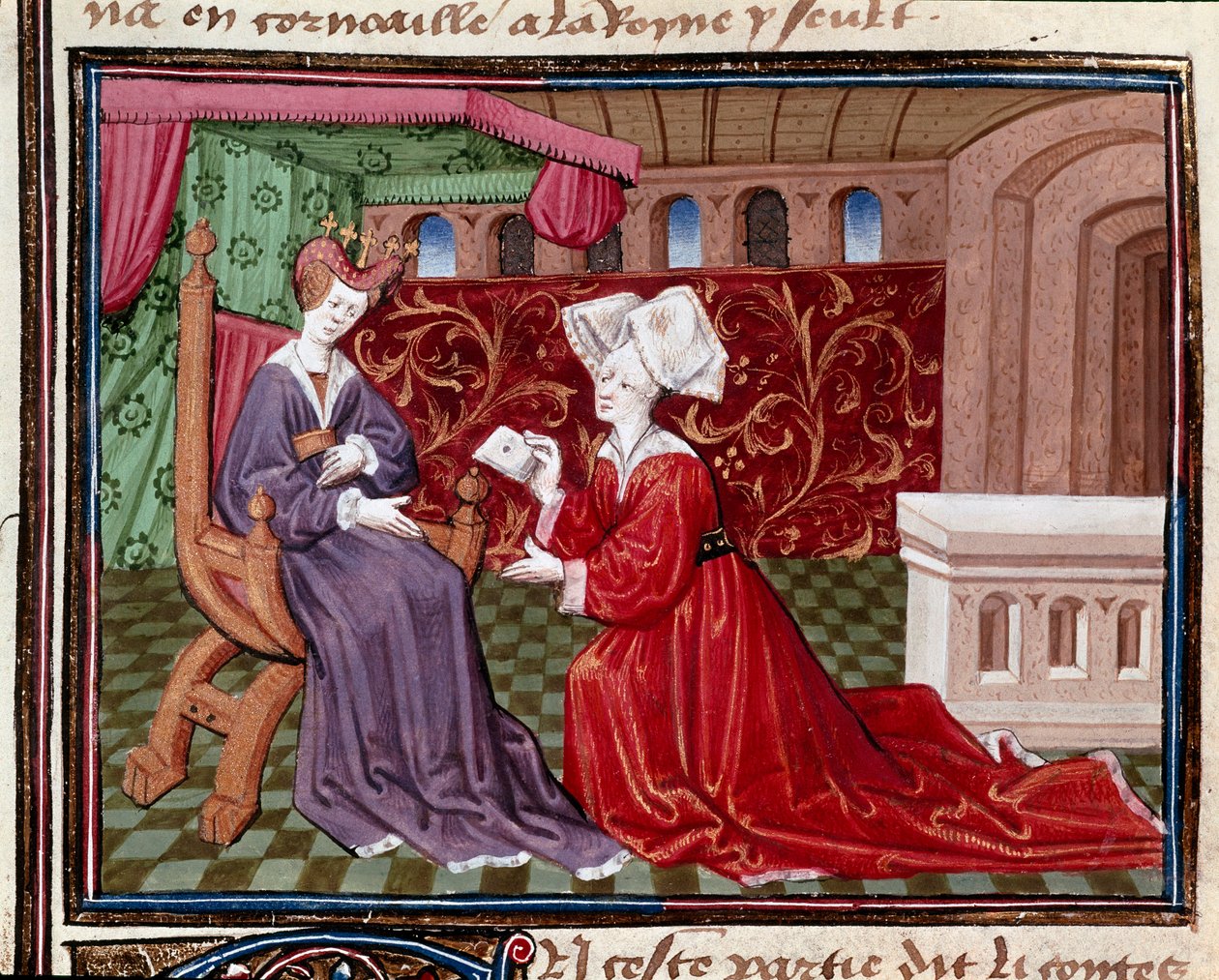 A handmaid wearing a letter to Queen Iseut (or Isult) Miniature taken from 