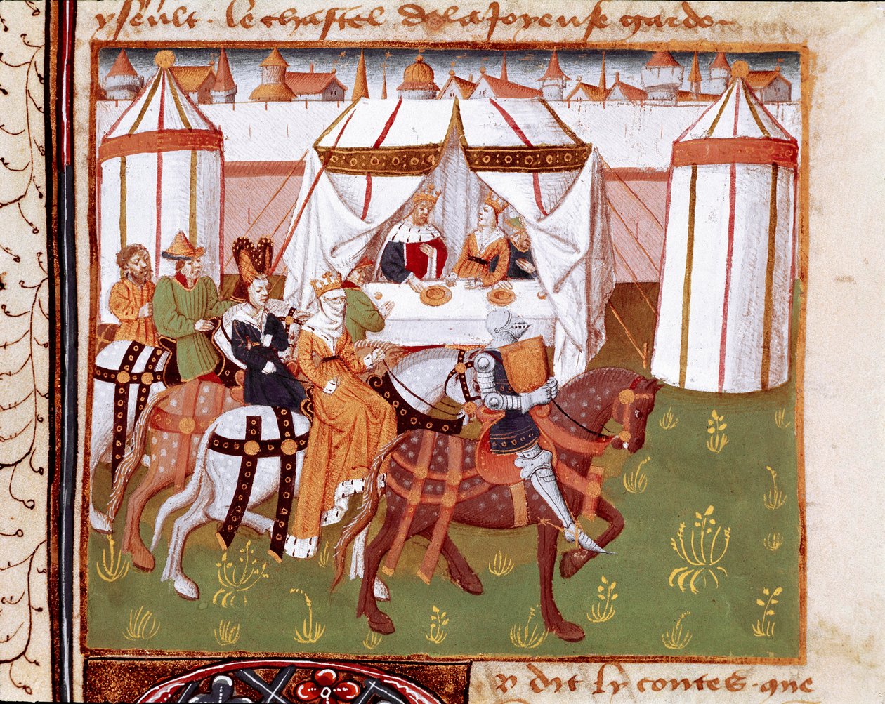 Arrival of knights at the feast given by King Arthur and Queen Guinevere at Camelot, Miniature taken from 