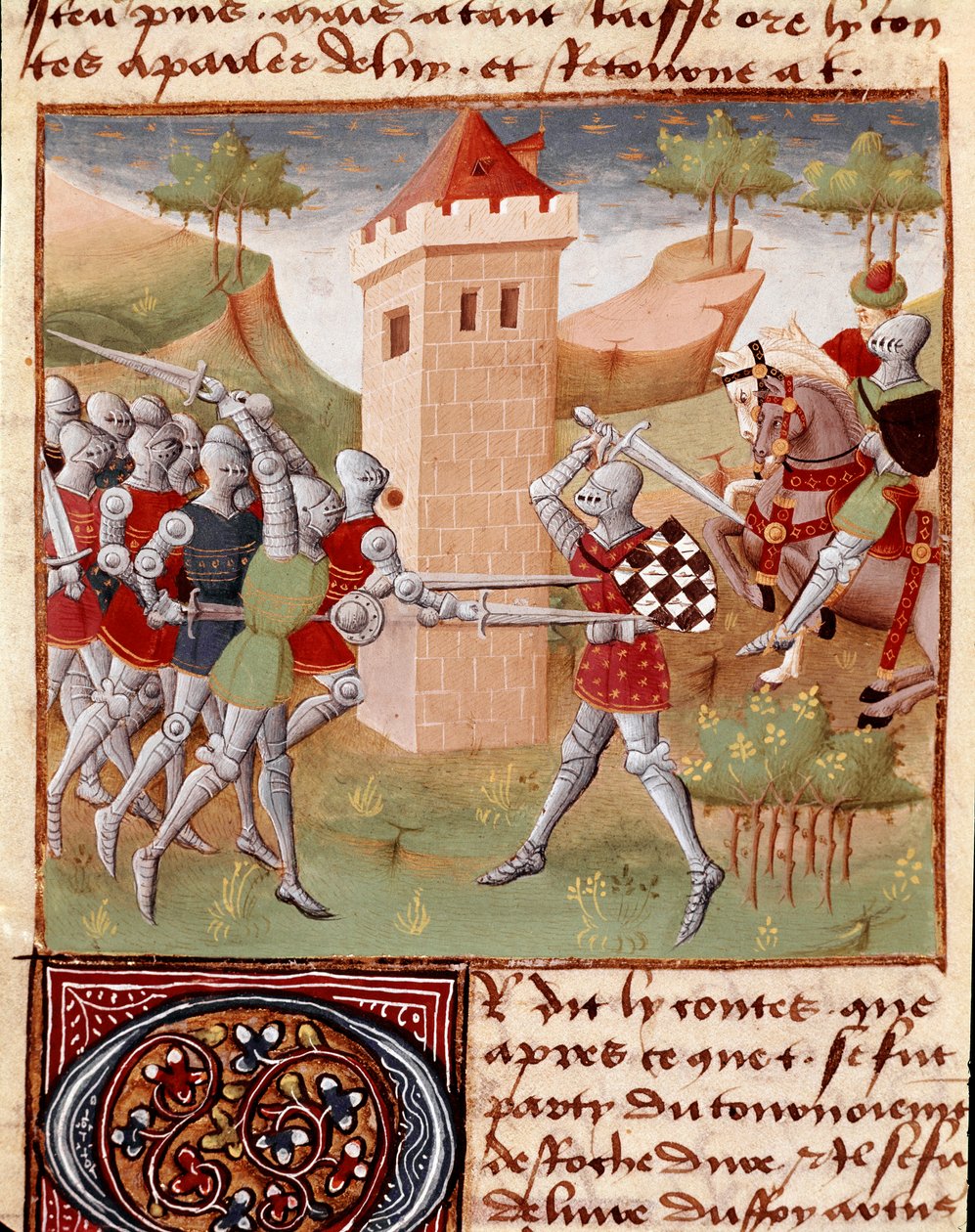 Lancelot du Lac fighting knights. Miniature from 