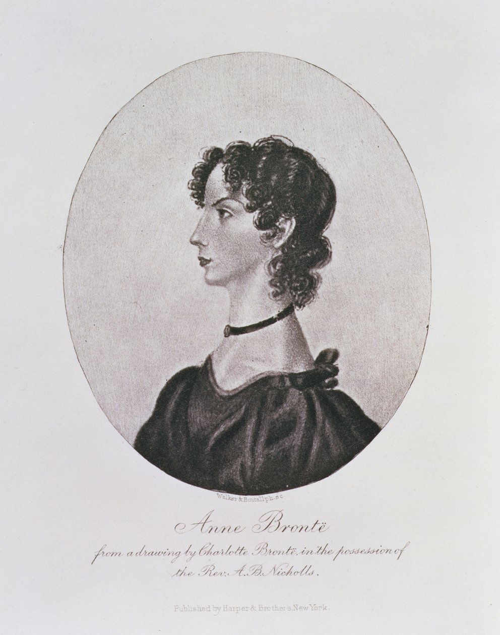 Portrait of Anne Bronte from a drawing in the possession of the Rev. A. B. Nicholls, engraved by Walker and Boutall by Charlotte Bronte