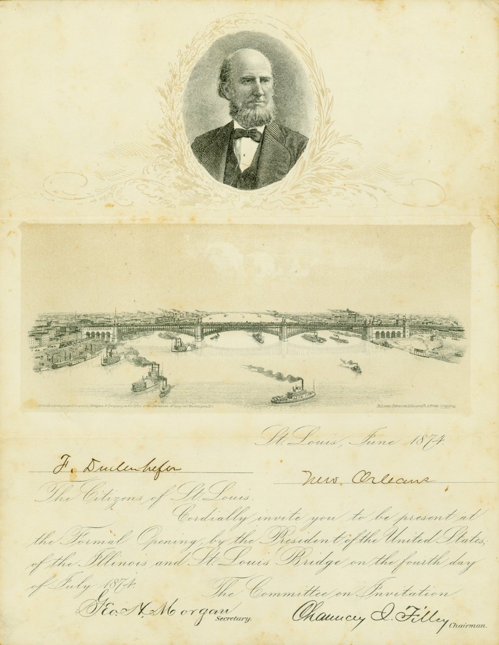 Invitation to attend formal opening of Eads Bridge on July 4, 1874 by Chauncey I. Filley