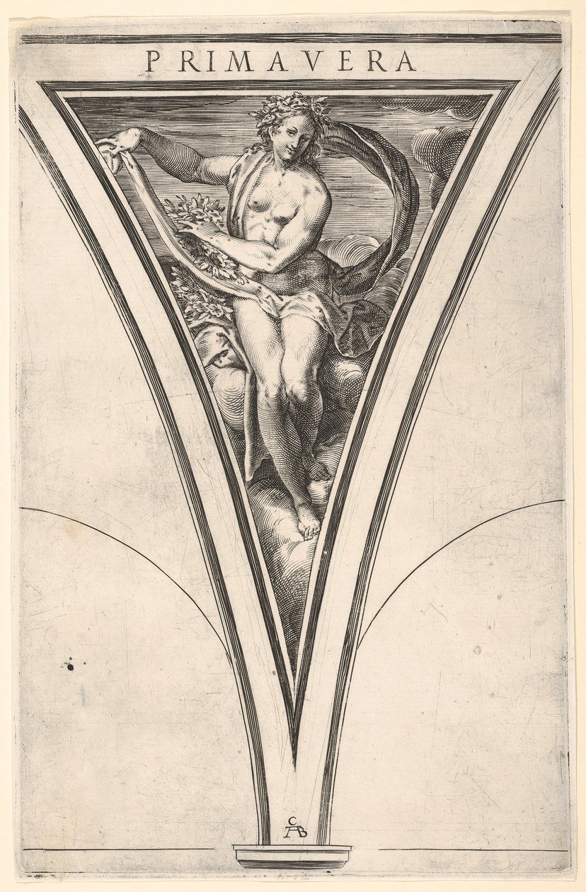 Spring Primavera represented as a woman bearing a billowing drape and garlands by Cherubino Alberti