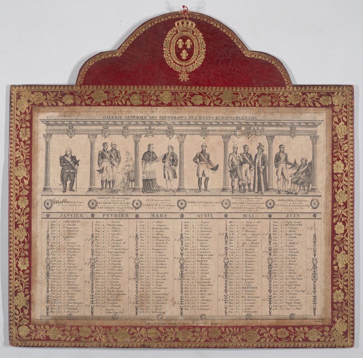 French Calendar for the Year 1816, Galerie Generale des Souverains des Etats Européens, 1816 by Chevalier Henry Guillot