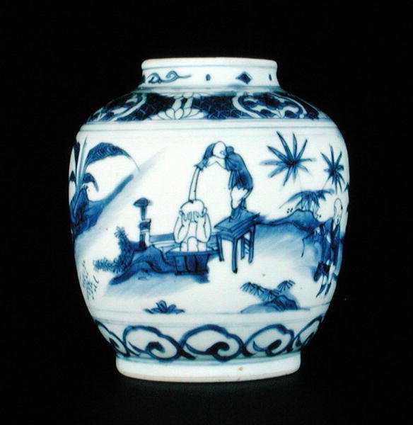 Blue and white jar painted with a boy taking a bath, Wanli or Chongzheng, 1600-30 by Chinese School