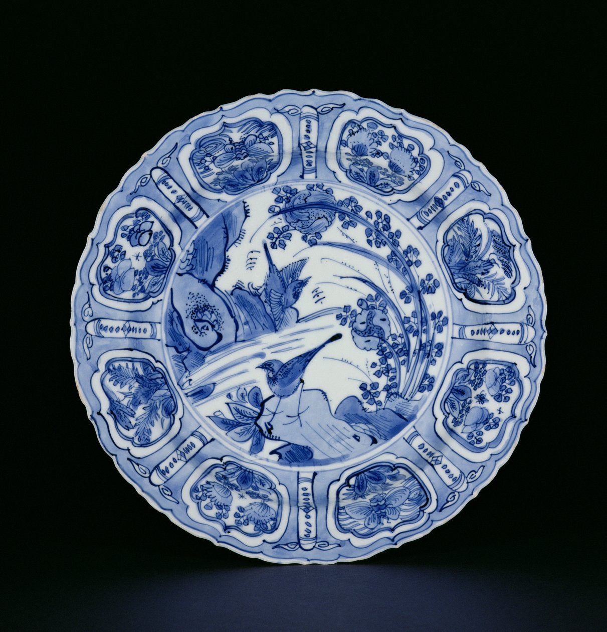 Blue and white kraak plate painted with birds in a landscape, Egret mark, Wanli, 1595-1605 by Chinese School