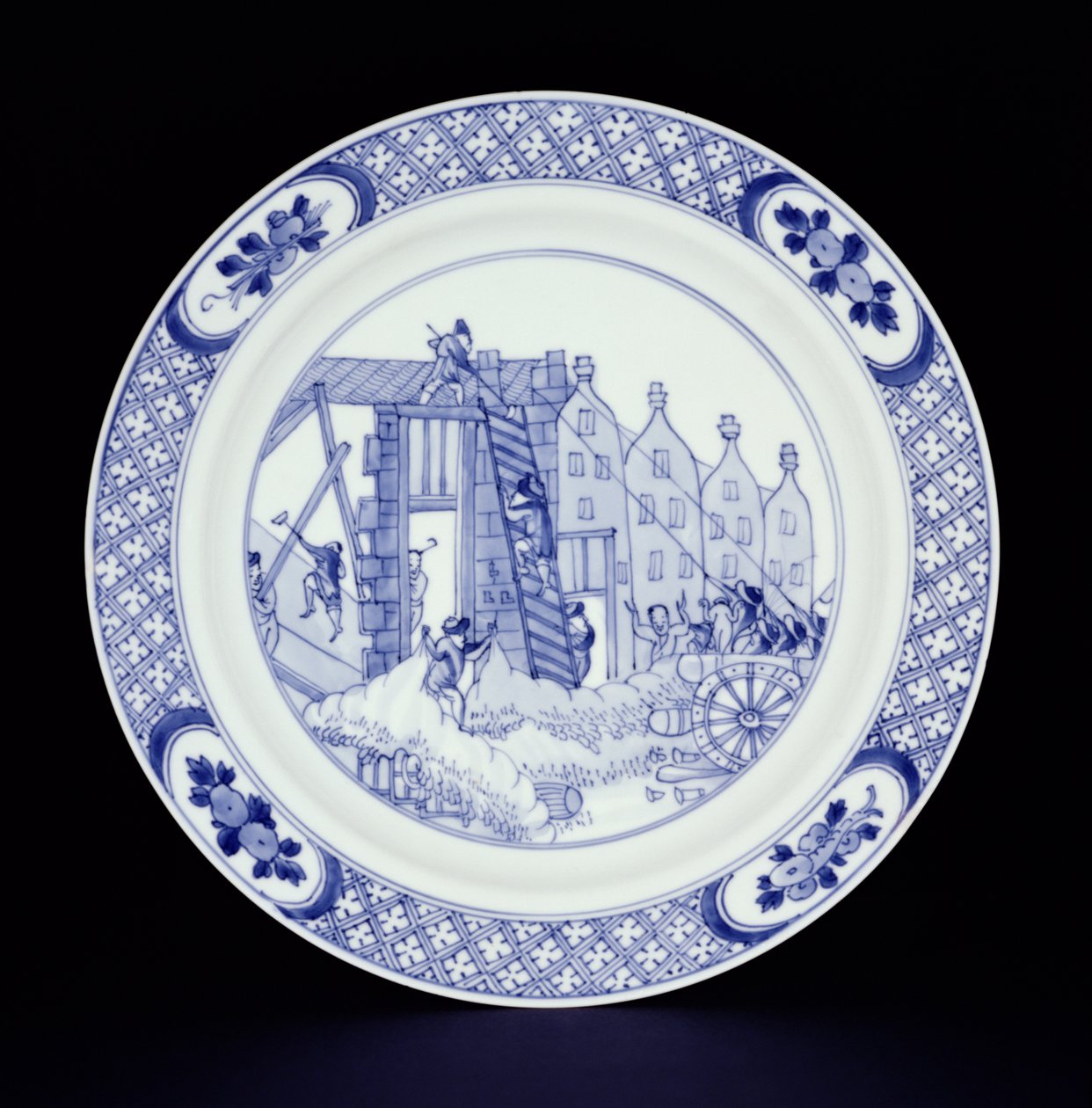 Blue and white plate depicting the Rotterdam Riots