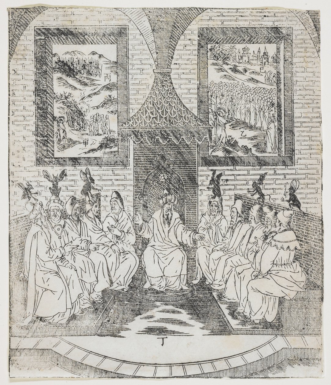 Caiaphas and the Council of Elders (Plate from Giulio Alenis Tianzhu jiangsheng zhuxiang jingjie) by Chinese School