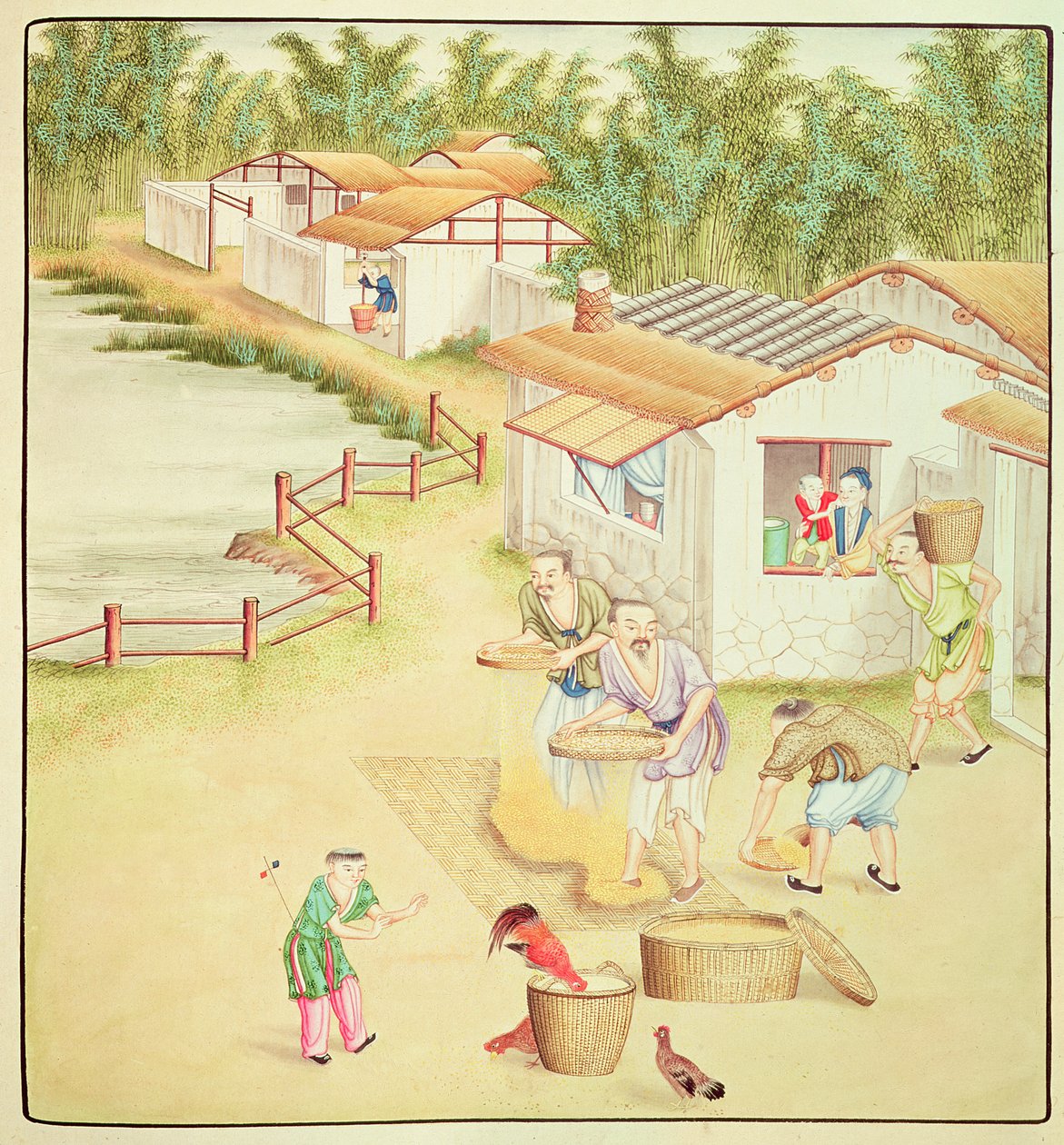 Chinese Peasants Sifting Rice by Chinese School