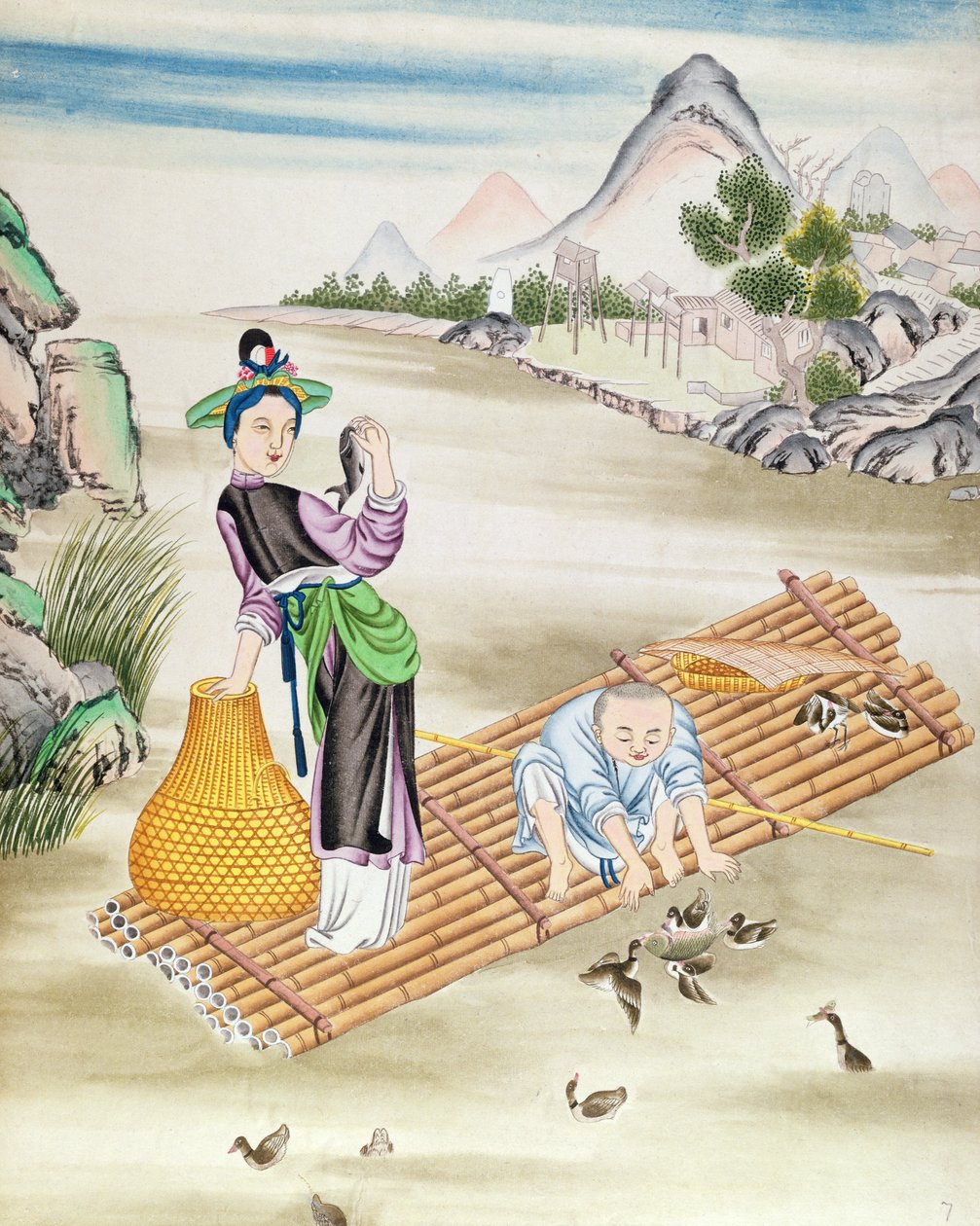 Chinese using cormorants to catch fish by Chinese School