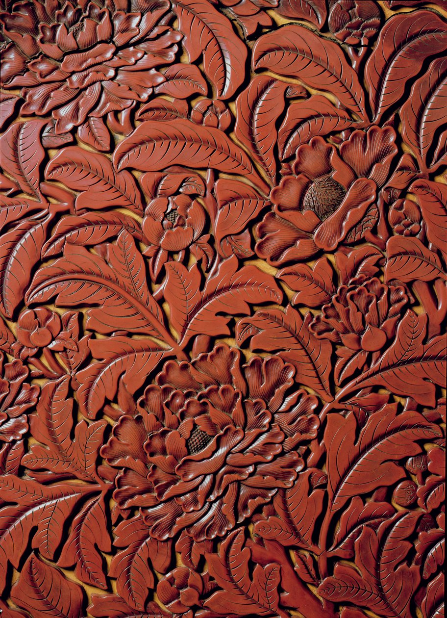 Detail from a carved dish bearing the mark of Xuande (1426-36) in the base, Chinese (detail) by Chinese School