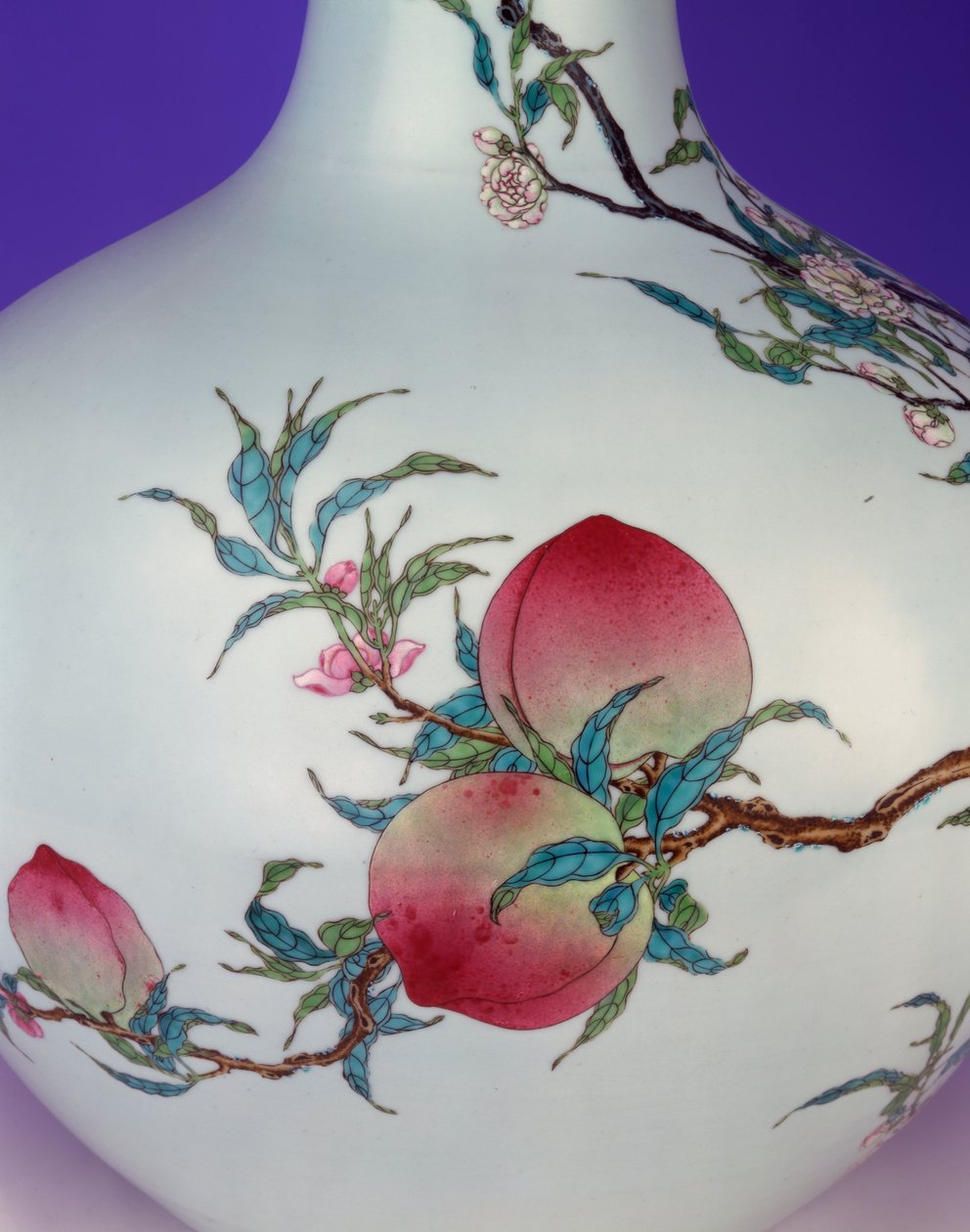 Detail from a magnificent famille rose nine-peach globular bottle vase, 1735-1795 by Chinese School