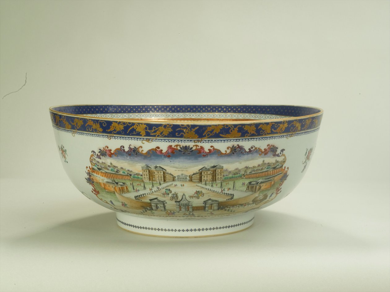 Famille rose punch bowl with oval foliate panel depicting the Foundling Hospital in the 1750s, Qianlong Period, c.1790 by Chinese School