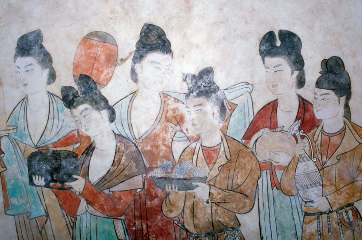 Offering of gifts, wall painting from the tomb of Wu Tse Tien, Chien tombs, Tang Dynasty, China, Shan Xi, 8th century by Chinese School