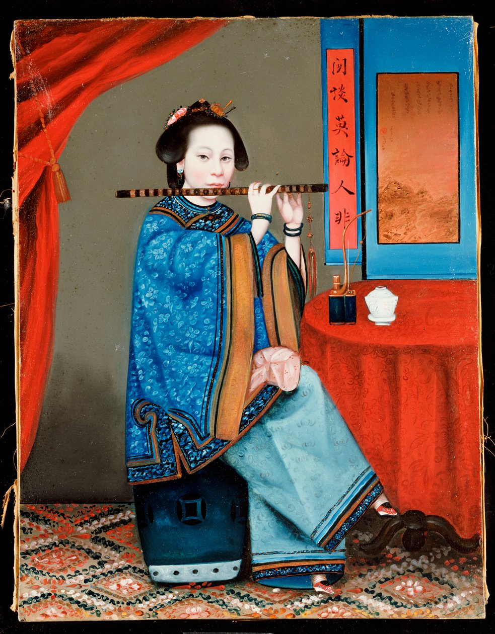 Portrait of a Court Lady Seated, in a Blue Robe, Playing the Flute by Chinese School