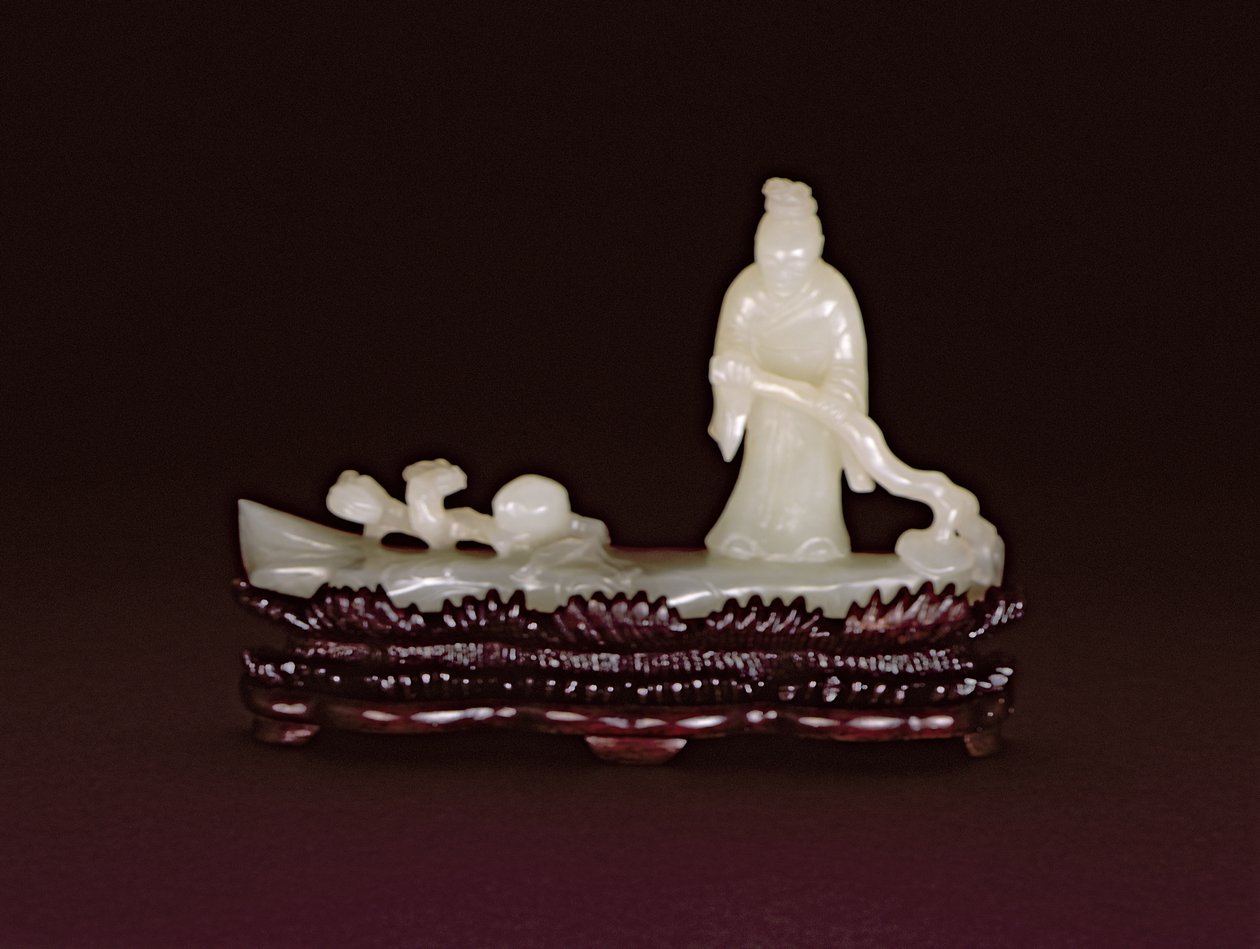 Zhang Qian standing on a log raft steering with a branch of lingzhi beside a branch of lingzhi and a peach by Chinese School