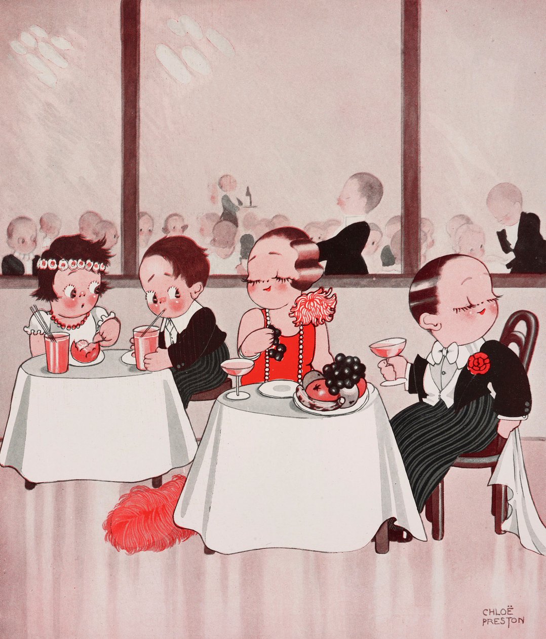 Town Mice and Country Mice, Refined citizens vs unrefined countrymen, restaurant scene, drawing by Chloe Preston from The Tatler by Chloe Preston