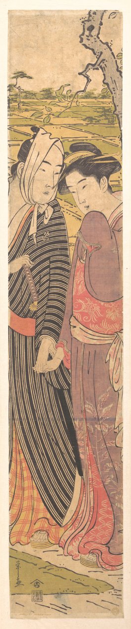 A Man and a Girl Walking in the Rice Fields by Chobunsai Eishi