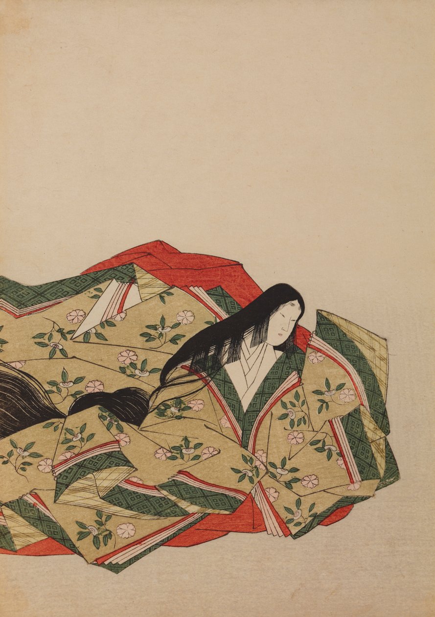 Lady-in-waiting Sitting in an Olive-Grey Robe with Cherry Blossom Motif, Plate from Album: Nishiki-zuri onna sanju rokkasen e-zukushi by Chobunsai Eishi