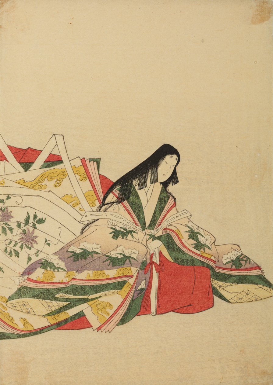 Court Lady Sitting, Leaning on a Fan, Plate from Album: Nishiki-zuri onna sanju rokkasen e-zukushi by Chobunsai Eishi