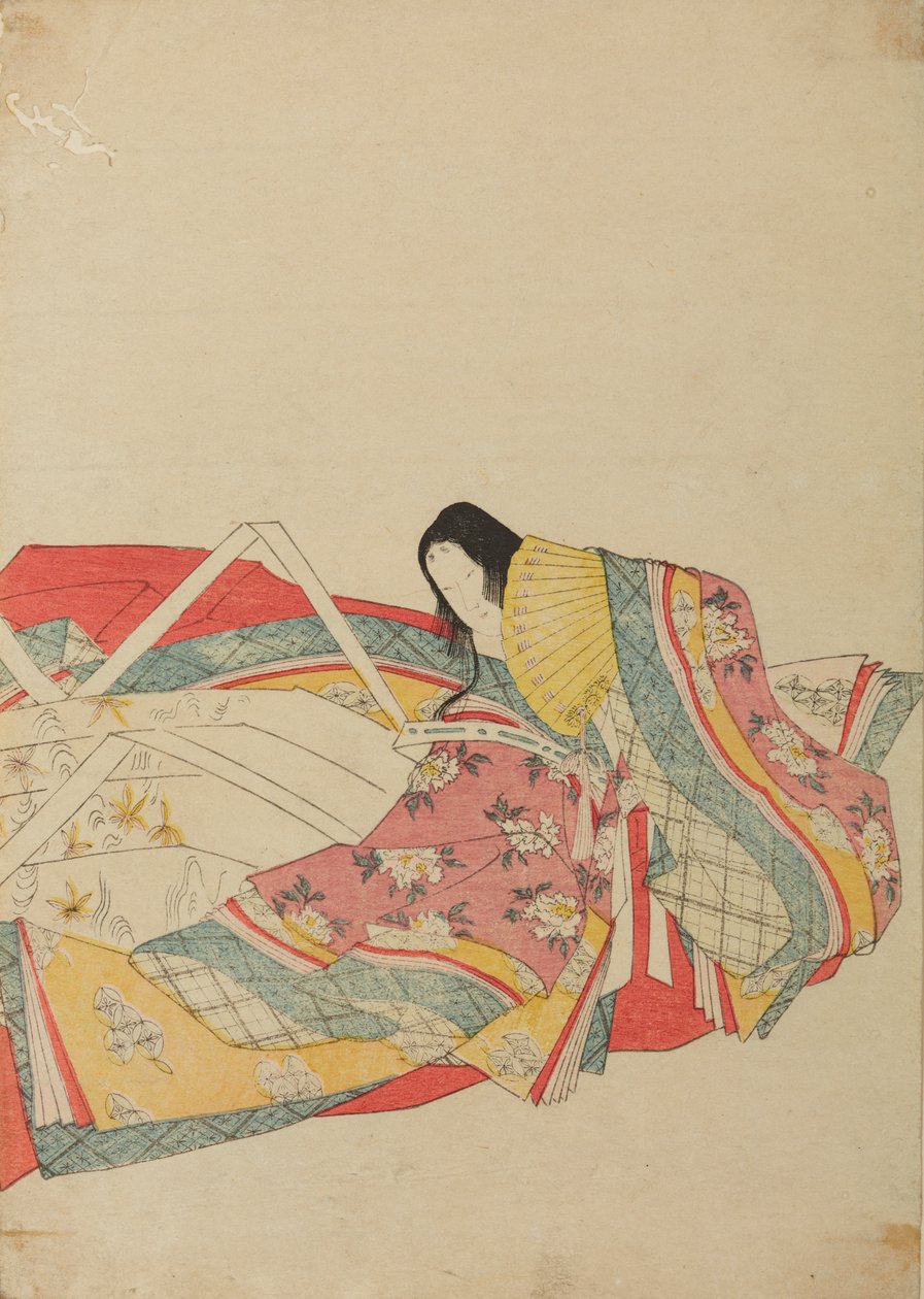 Seated Court Lady with a Yellow Fan, plate from the album: Thirty-six Female Poets / Nishiki-zuri onna sanju rokkasen e-zukushi by Chobunsai Eishi